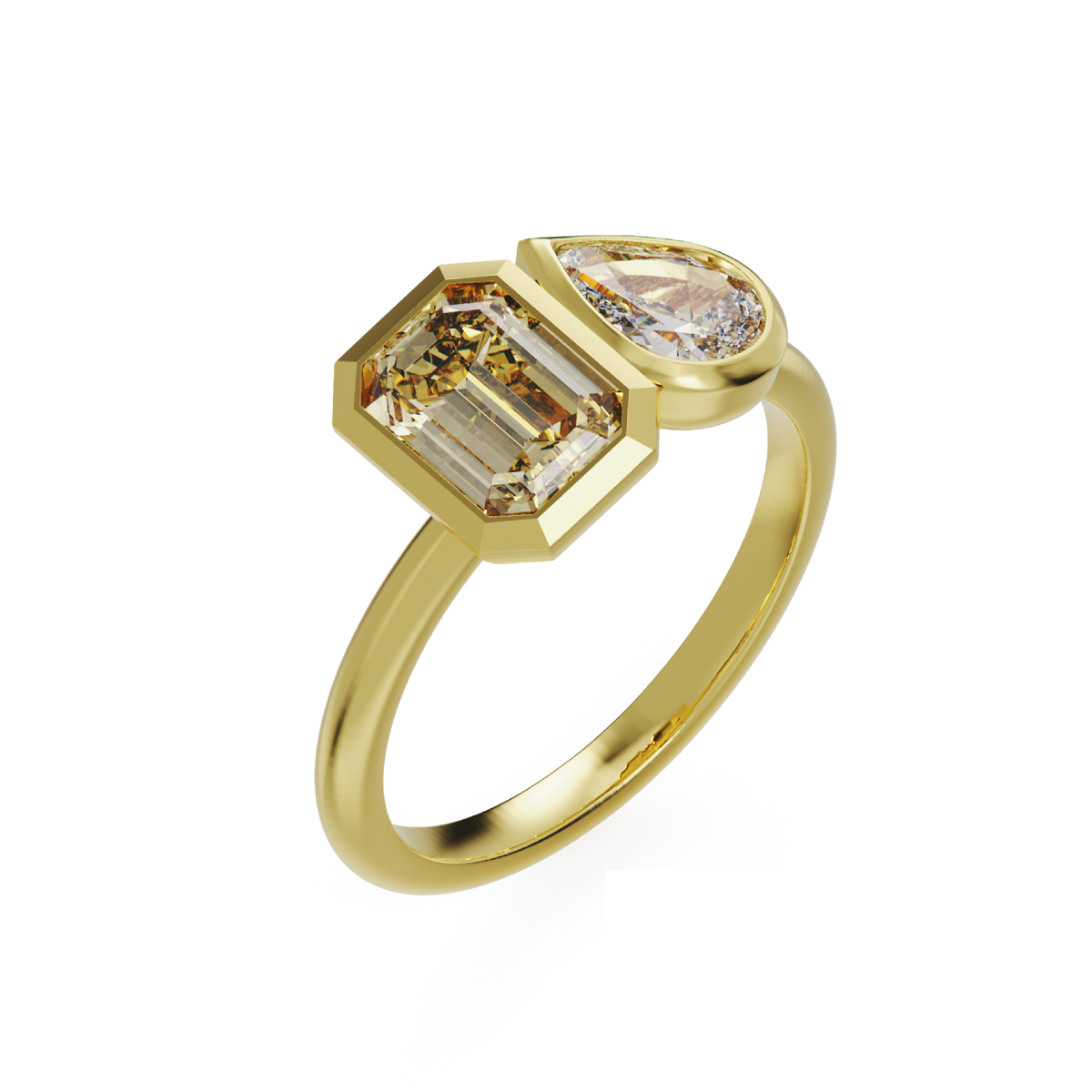 Toi-et-moi yellow gold ring with an emerald-cut champagne diamond and a pear-cut white diamond